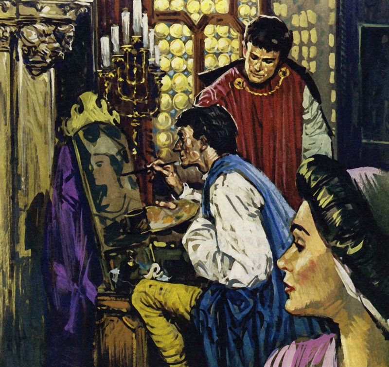 El conde Juan se convierte en mecenas de Van Eyck en La Haya (litografía en color) de Luis Arcas Brauner