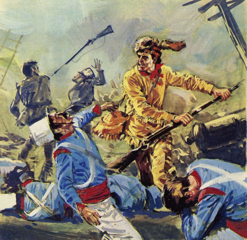 Davy Crockett acabó cayendo ante los incesantes ataques mexicanos (litografía en color) de Luis Arcas Brauner