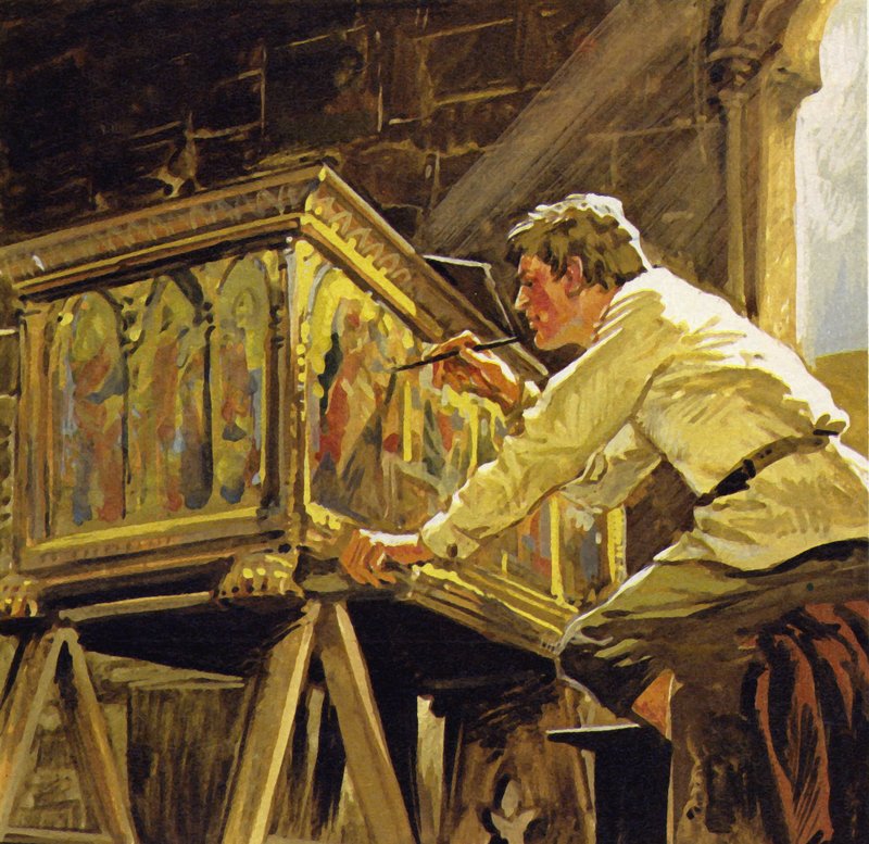 Duccio di Buoninsegna trabajó en Siena decorando cajas (litografía en color) de Luis Arcas Brauner
