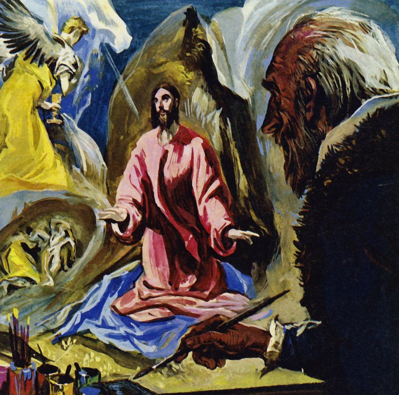 El Greco siguió pintando temas religiosos hasta su muerte a los 73 años (litografía en color) de Luis Arcas Brauner