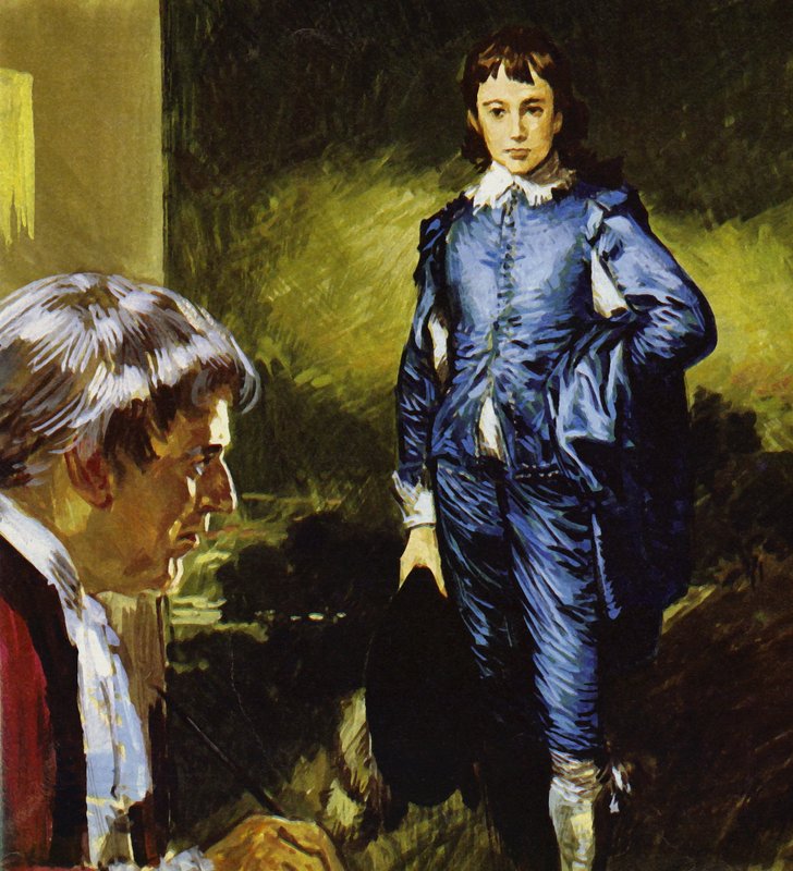 Gainsborough pintando su famoso retrato Blue Boy (litografía en color) de Luis Arcas Brauner
