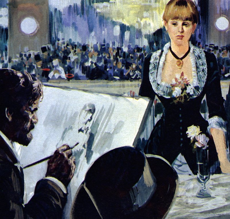 Manet pintando a la chica detrás de la barra del Folies-Bergere (litografía en color) de Luis Arcas Brauner