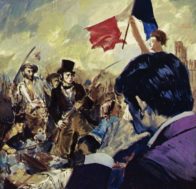 La Revolución Francesa inspiró a Eugene Delacroix para pintar La Libertad guiando al pueblo francés (litografía en color) de Luis Arcas Brauner