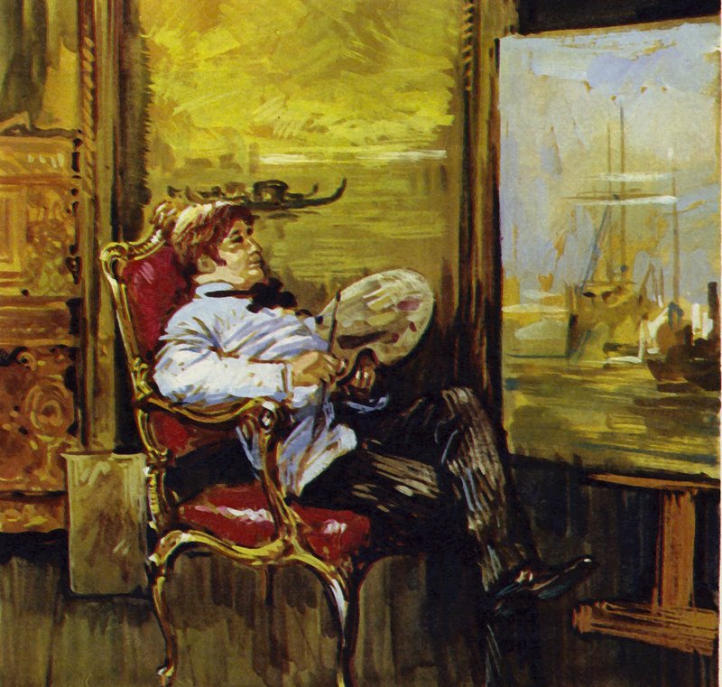 Turner sentado ante uno de sus cuadros (litografía en color) de Luis Arcas Brauner