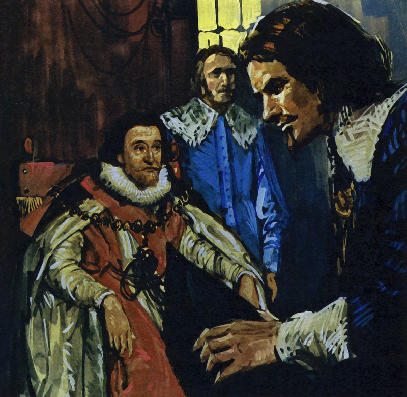 Van Dyck llamó la atención del conde de Arundel, quien le presentó al rey Jacobo I (litografía en color). de Luis Arcas Brauner