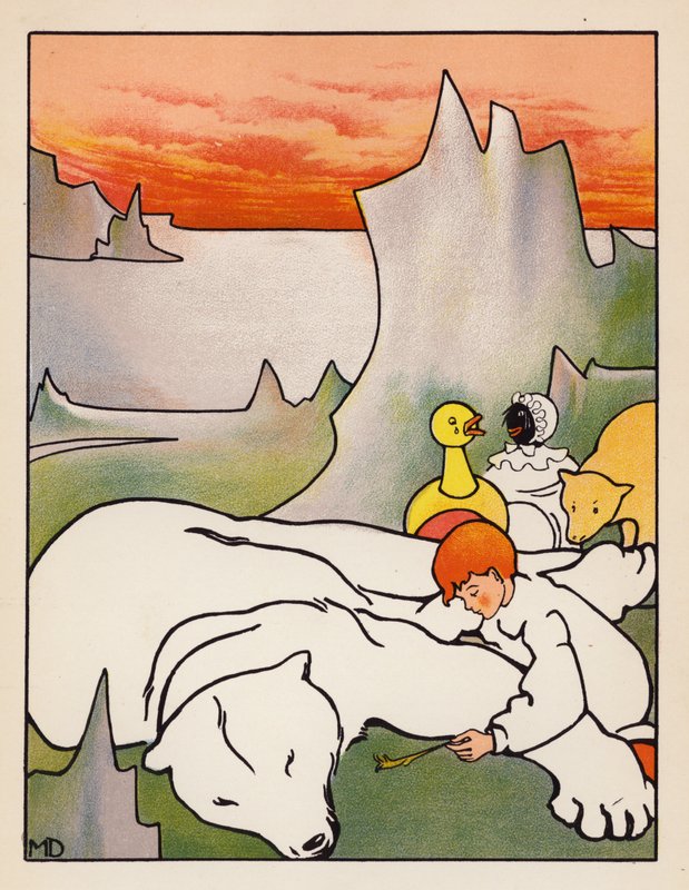 "Plumas quemadas bajo su nariz" (litografía en color) de Mabel Dearmer