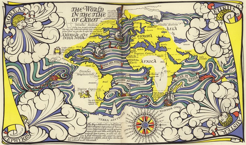 Mapa del Mundo en la época de los navegantes John y Sebastian Cabot de MacDonald Gill