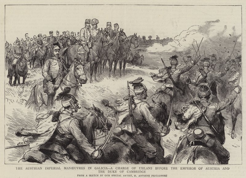 Las maniobras imperiales austriacas en Galicia, una carga de Ulanos ante el Emperador de Austria y el Duque de Cambridge de Maksymiljan Antoni Piotrowski