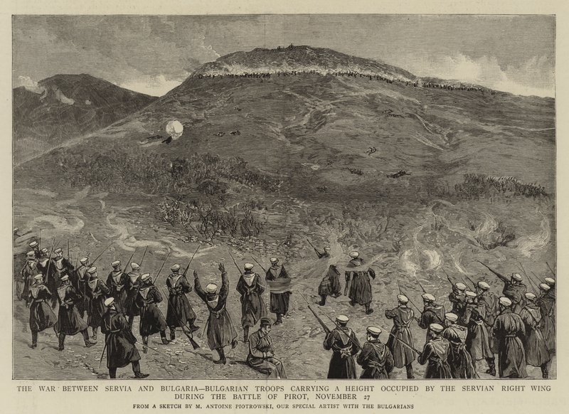 La guerra entre Serbia y Bulgaria, tropas búlgaras ocupando una altura ocupada por el ala derecha serbia durante la Batalla de Pirot, 27 de noviembre de Maksymiljan Antoni Piotrowski