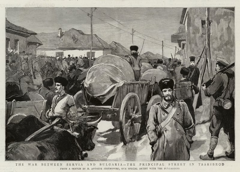 La guerra entre Serbia y Bulgaria, la calle principal en Tsaribrod de Maksymiljan Antoni Piotrowski