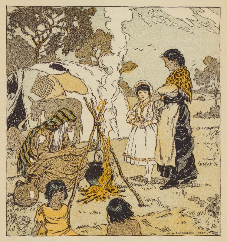 Maggie Tulliver con los gitanos, escena de El molino en el hilo dental, de George Eliot (litografía en color) de Malcolm Daniel Charleson
