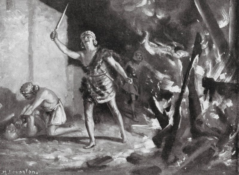 Elamitas quemando y saqueando una aldea babilónica (litografía) de Margaret (after) Dovaston