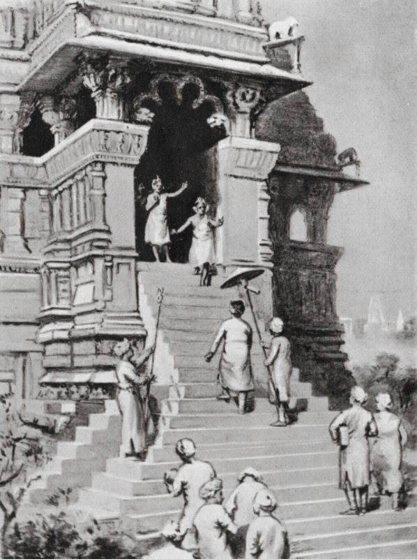 Kirtivarman Chandella visita su templo en Khajurahu, 1065 d.C. (litografía) de Margaret (after) Dovaston