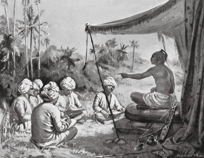 Kulottunga Chola da instrucciones a sus topógrafos, 1086 d.C. (litografía) de Margaret (after) Dovaston
