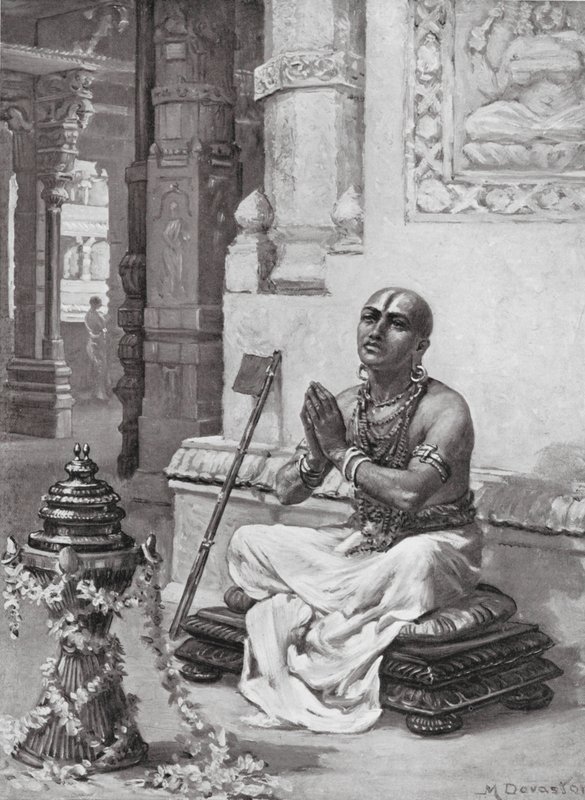 Ramanuja contemplando su filosofía del Dios único y personal, 1100 d.C. (litografía) de Margaret (after) Dovaston