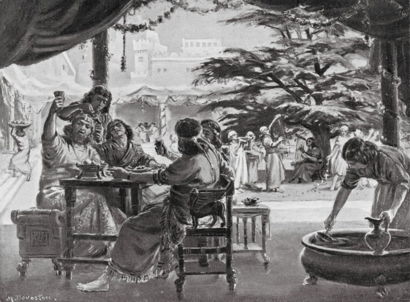 Regocijo en Babilonia por la reconstrucción de la ciudad por Esarhaddon (litografía) de Margaret (after) Dovaston