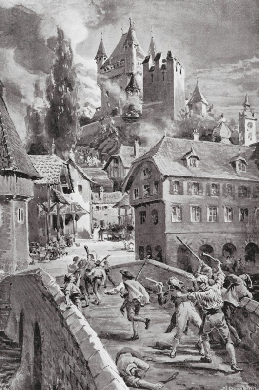 La quema del castillo de Wadenschwyl en 1804 (litografía) de Margaret (after) Dovaston