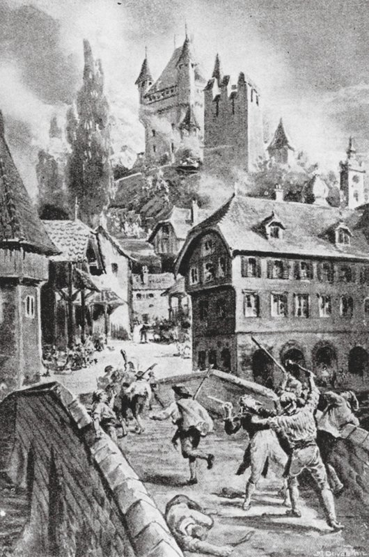 La quema del castillo de Wadenschwyl en 1804 (litografía) de Margaret (after) Dovaston