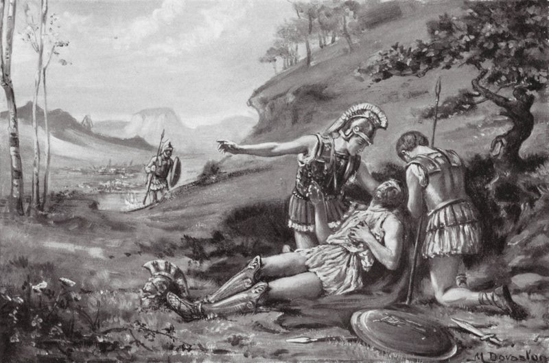 La muerte de Epameinondas, 362 a.C. (litografía) de Margaret (after) Dovaston