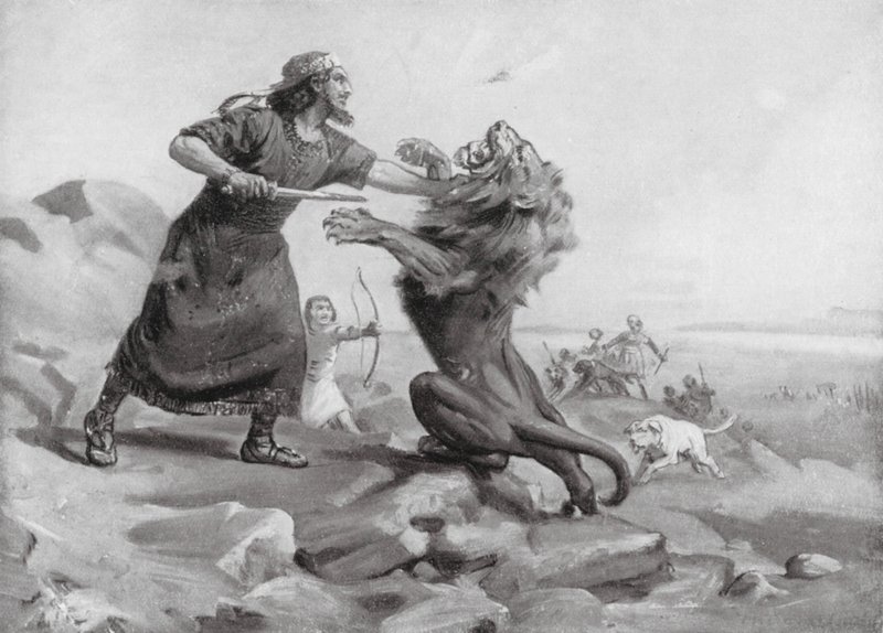 Tiglat-pileser I matando a un león (litografía) de Margaret (after) Dovaston