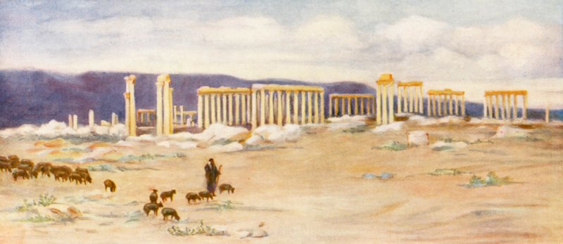 Vista general de la columnata, Palmira (litografía en color) de Margaret Thomas