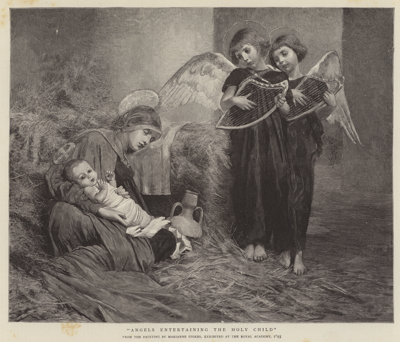 Ángeles entreteniendo al Niño Santo de Marianne Stokes