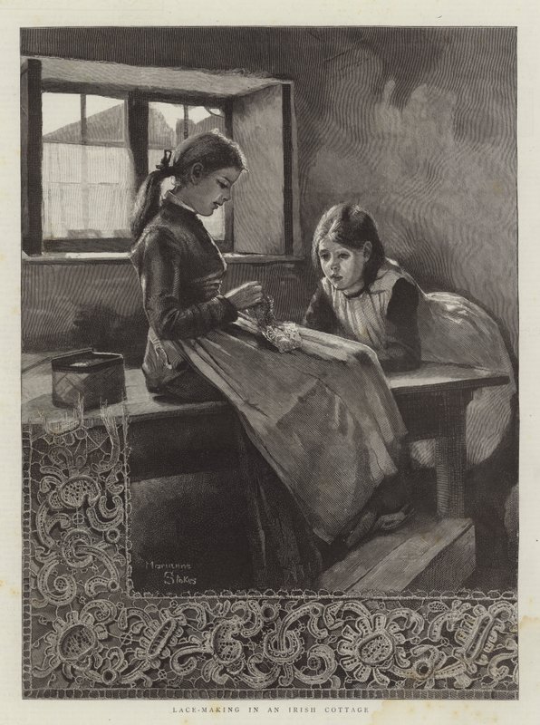 Fabricación de encajes en una cabaña irlandesa de Marianne Stokes