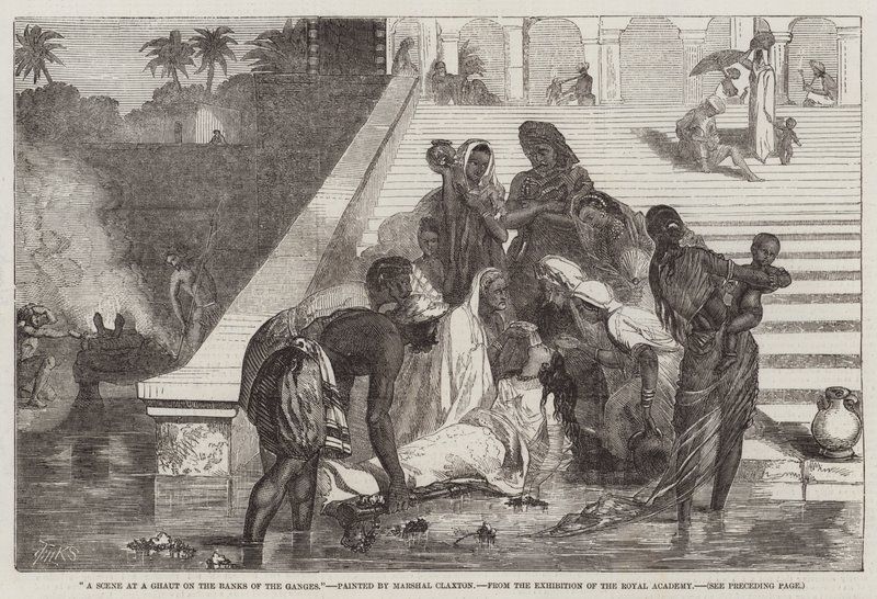 Una escena en un ghat en las orillas del Ganges, de la Exposición de la Real Academia de Marshall Claxton