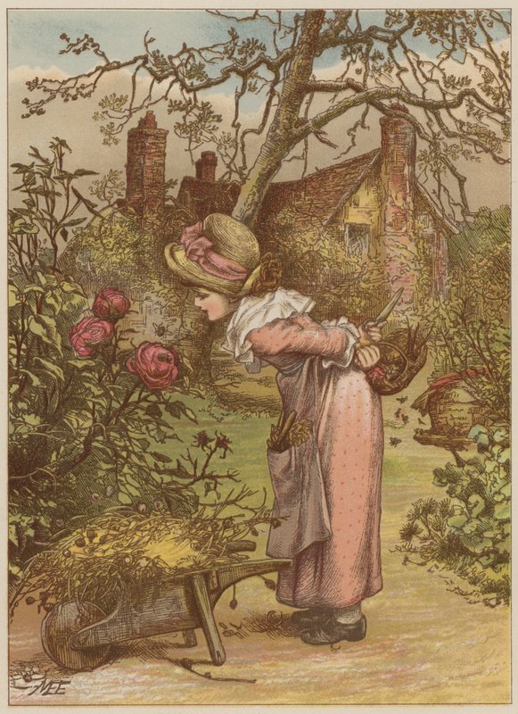 Niña observando una abeja en el jardín de Mary Ellen Edwards
