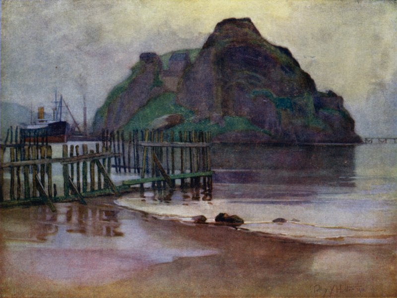 Marea baja al amanecer, Dumbarton Rock (litografía en color) de Mary Young Hunter