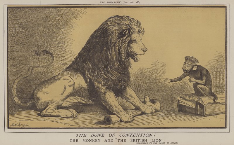 ¡El hueso de la discordia! o, El mono y el león británico (litografía en color) de Matthew