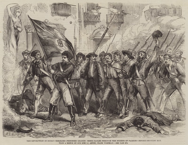 La revolución en Sicilia, prisioneros liberados llevando a su carcelero por las calles de Palermo antes de dispararle de Matthew Somerville Morgan
