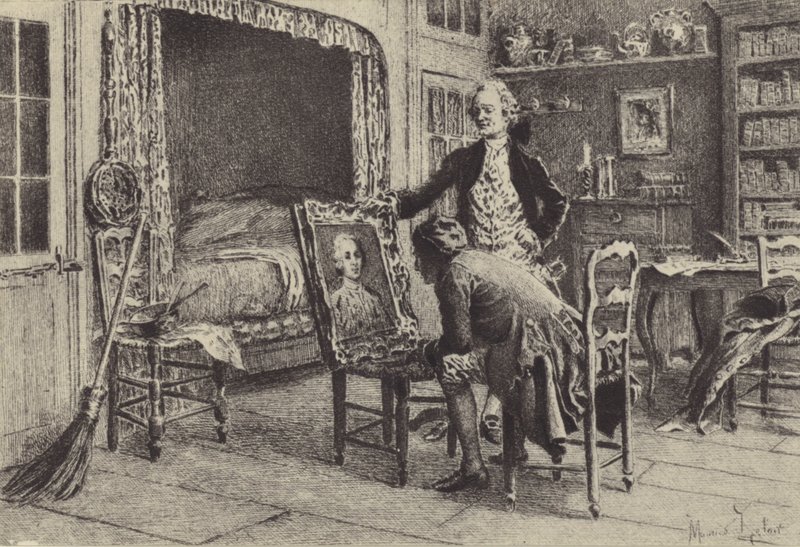 Jean-Jacques Rousseau mirando su retrato de Maurice Leloir