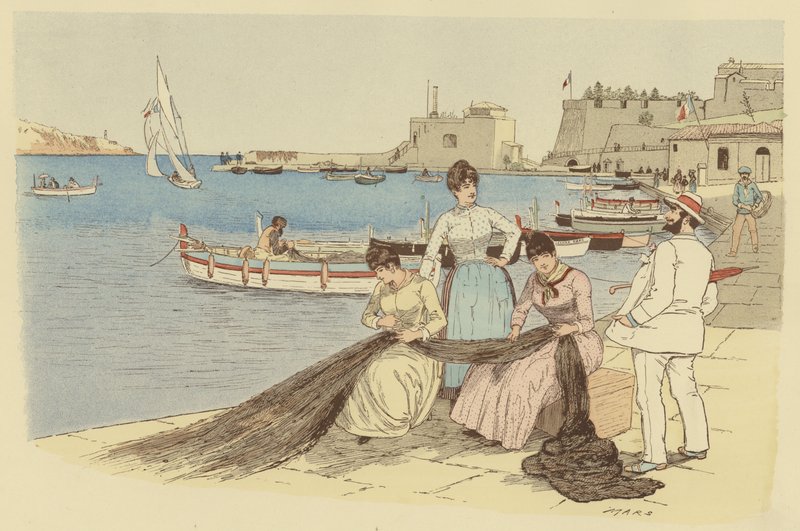 Un hombre charlando con un grupo de mujeres remendando redes de pesca en la ciudad de Villefranche, Francia (litografía en color) de Maurice Charles Mathieu Bonvoisin