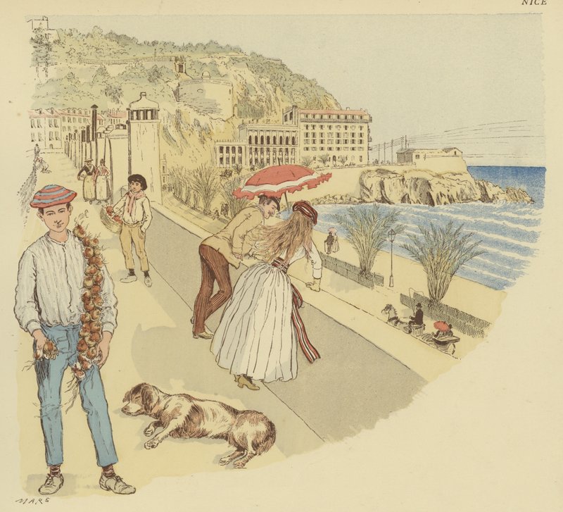 Un vendedor de cebollas con sus mercancías y personas disfrutando de la terraza que conduce a la montaña de Rauba-Capeu, Niza de Maurice Charles Mathieu Bonvoisin