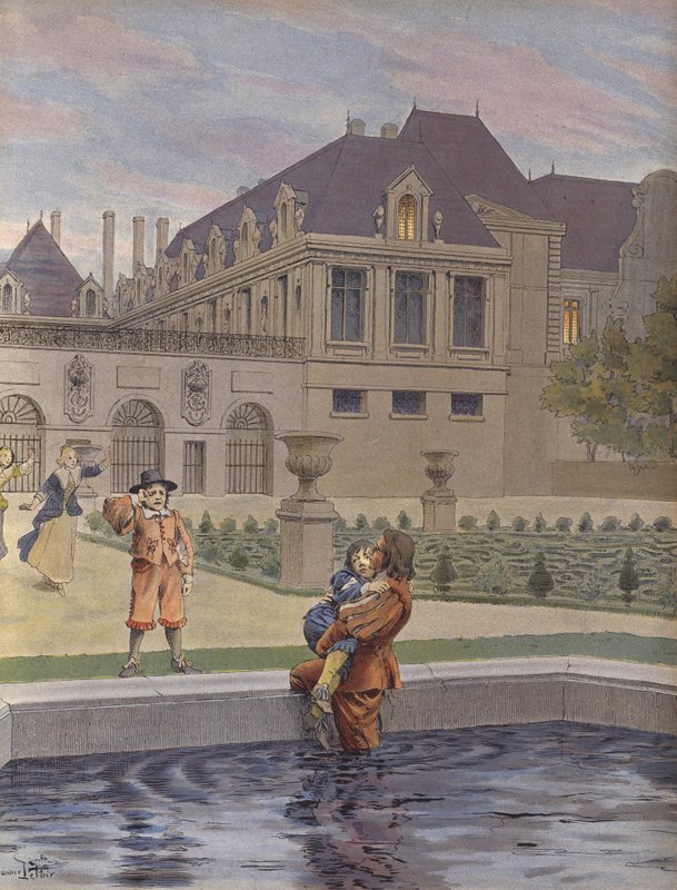 Caída del joven Luis XIV en la piscina del Palais-Royal de Maurice Leloir
