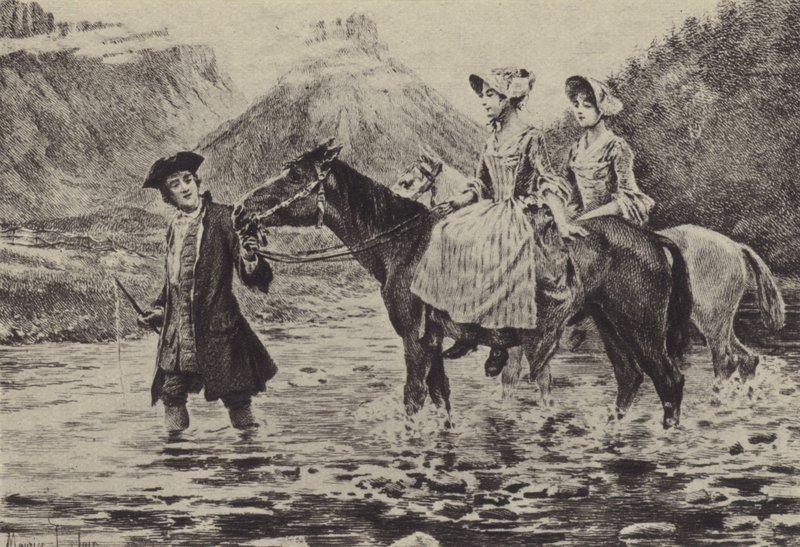 Jean-Jacques Rousseau ayudando a dos mujeres jóvenes a cruzar un arroyo de Maurice Leloir