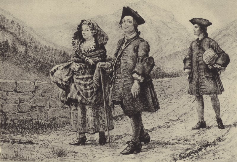 Jean-Jacques Rousseau en el camino con dos compañeros (grabado) de Maurice Leloir