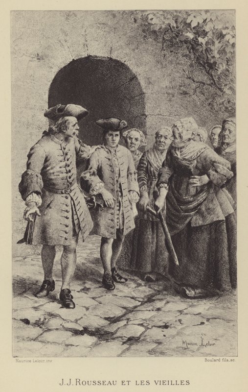 Jean-Jacques Rousseau con las ancianas (grabado) de Maurice Leloir