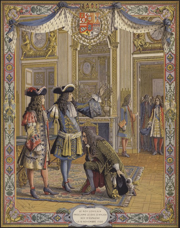 El rey Luis XIV, duque de Anjou, proclamado rey de España, recibiendo el homenaje de su embajador de Maurice Leloir