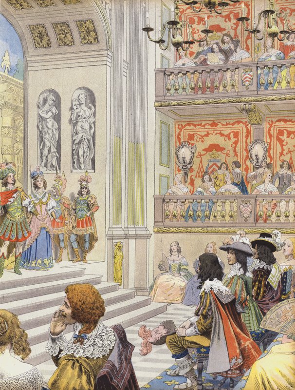 Representación en el teatro del Palais Cardinal de Mirame, la obra escrita por Richelieu y Desmarets de Maurice Leloir