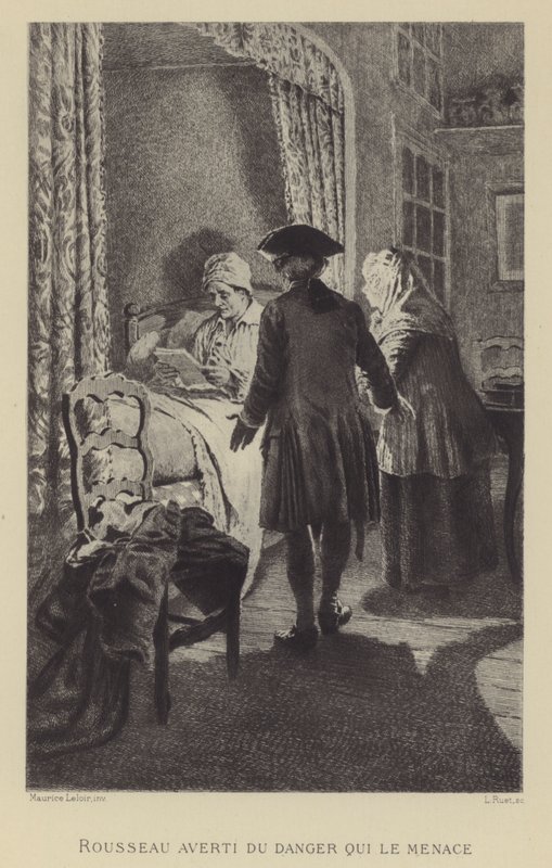 Rousseau advertido del peligro que le amenaza (grabado) de Maurice Leloir