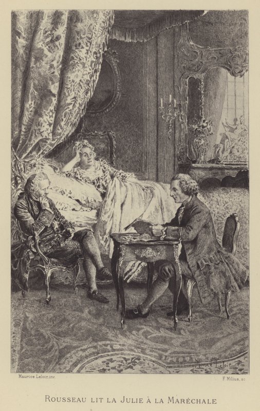 Rousseau leyendo su novela Julie a la Mariscala de Maurice Leloir