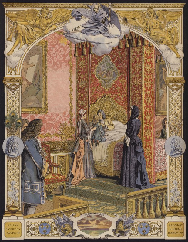 El rey moribundo Luis XIV abrazando al joven Luis XV por última vez de Maurice Leloir