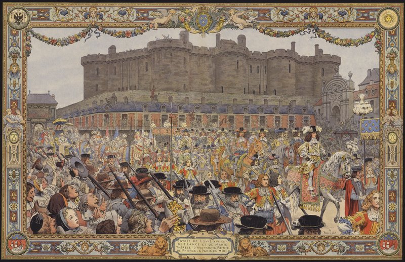 La entrada del Rey Luis XIV y su Reina a París, por La Porte Sainte-Antoine de Maurice Leloir