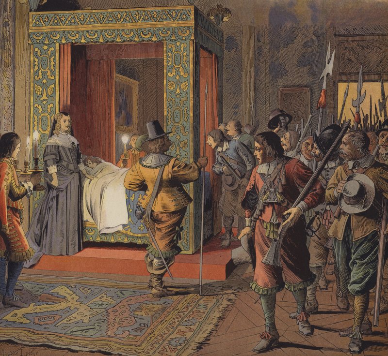 La noche del 9 de febrero de 1651, la milicia desfilando junto a la cama del joven Luis XIV de Maurice Leloir