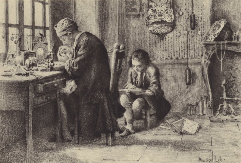 El joven Jean-Jacques Rousseau leyendo mientras su padre trabaja de Maurice Leloir