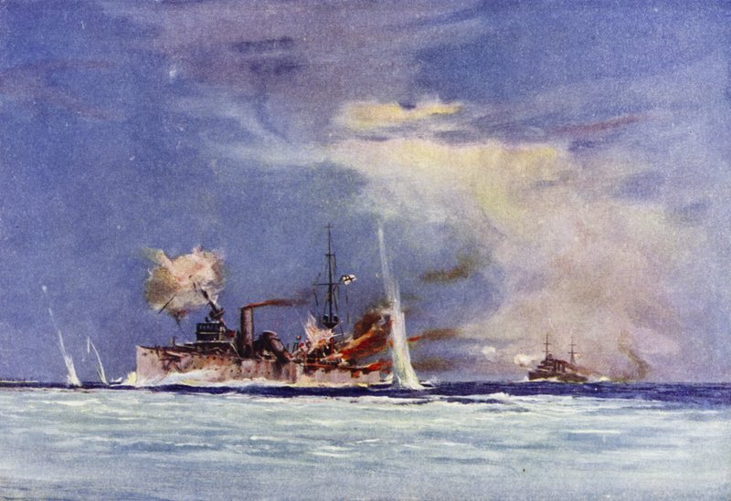 HMAS Sydney, comandado por el Capitán John Glossop, atacando el crucero alemán Emden, Batalla de Cocos, 9 de noviembre de 1914 de Maurice Randall