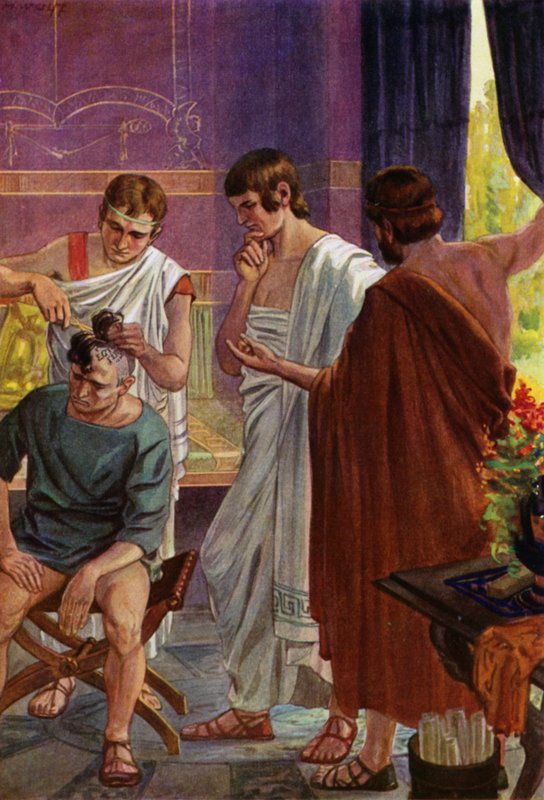 Aristágoras, tirano de Mileto, recibiendo la orden de rebelión de los jonios contra el dominio persa, descubriendo el mensaje tatuado en el cuero cabelludo de un esclavo al afeitarle el pelo (litografía en color) de Max Wulff