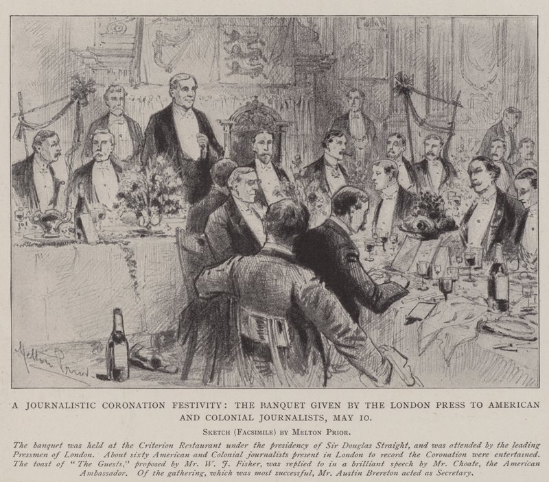 Una festividad periodística de coronación, el banquete ofrecido por la prensa de Londres a periodistas americanos y coloniales, 10 de mayo de Melton Prior